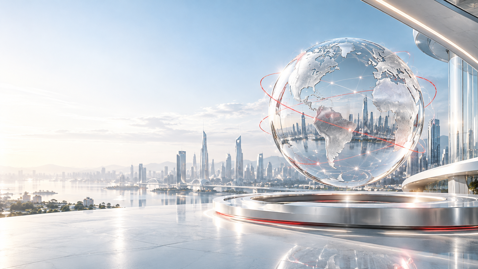 A transparent globe above a modern city with subtle global connections